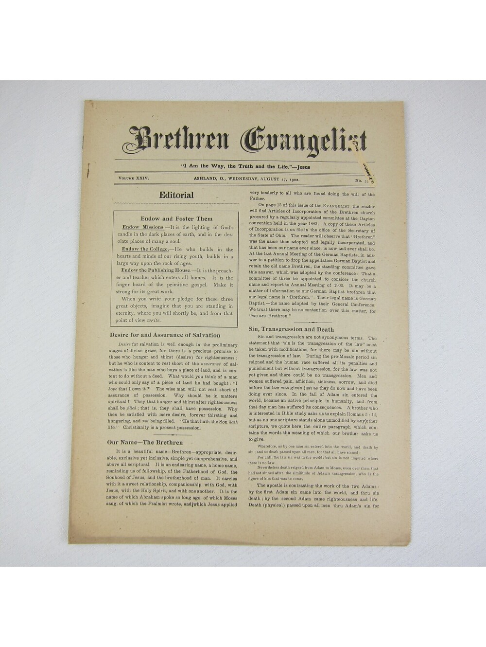 Brethren Evangelist Christian Newspaper Ashland Ohio Antique August 27th 1902
